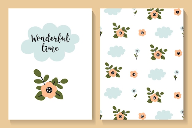 Set van kaart en naadloos patroon met schattige bloemen en harten vectorillustraties