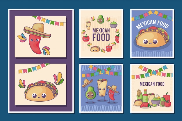 Set van kaart van Mexicaans eten kawaii