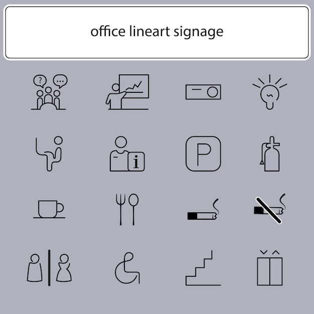 Set van kantoor illustratie pictogram bewegwijzering ontwerpelement voor technologische informatie