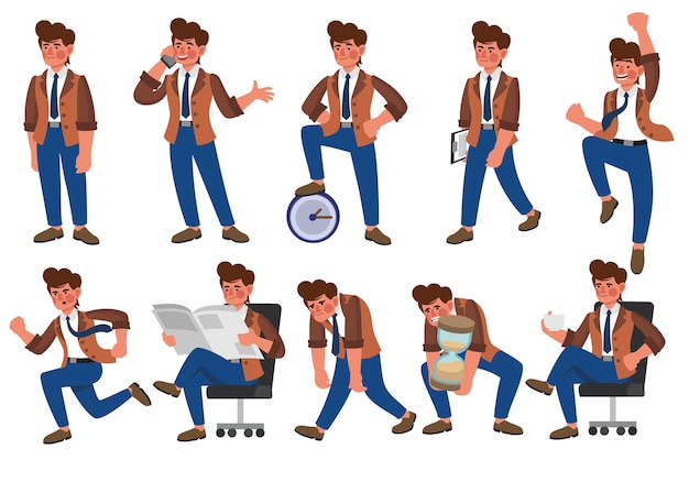 Set van kantoormedewerker poses Manager in pak in verschillende poses en emoties