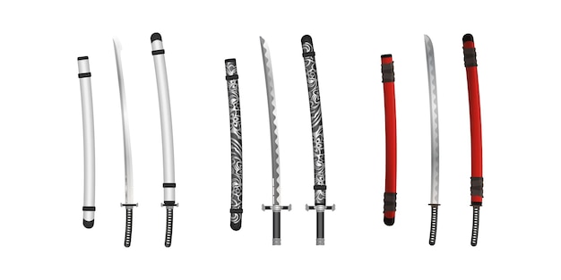 Set van katana samurai zwaard in realistische stijl Japans zwaard Vector illustration