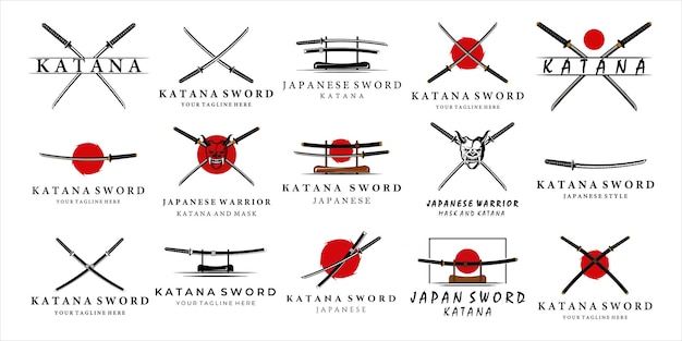 Vector set van katana zwaard logo vintage vector illustratie concept sjabloon pictogram ontwerp. bundel collectie japans zwaard van katana retro met masker van samoerai en modern concept vector illustratie design