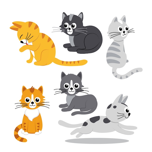 Vector set van katten kitty kitten rood grijs zwart cyperse katten platte cartoon vector