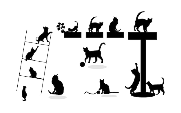 Set van katten spelen in silhouet witte achtergrond