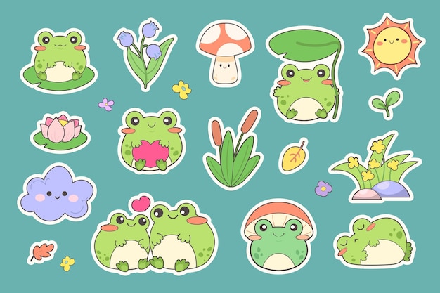 Set van kawaii anime stickers met moeras flora en fauna kikkers libellen rietjes waterlelies gras leuke gezichten voor kinderen vector illustratie