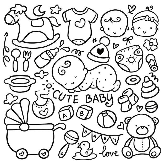 Vector set van kawaii babyspeelgoed en accessoires doodles