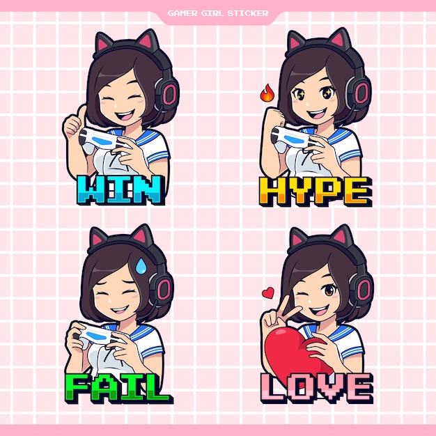 Set van kawaii gamer meisje expressie sticker