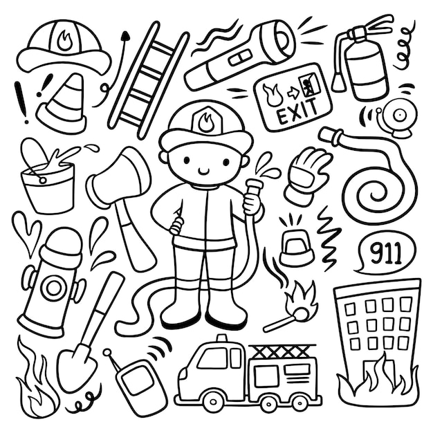 Set van kawaii hand getrokken brandweerman doodle vector illustraties