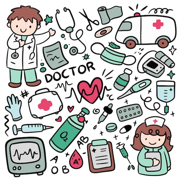 Set van kawaii handgetekende dokter doodle vectorillustratie