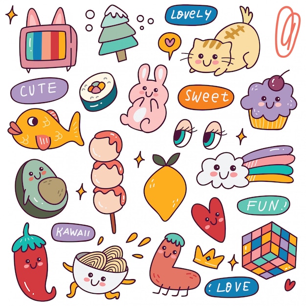 Set van Kawaii iconen