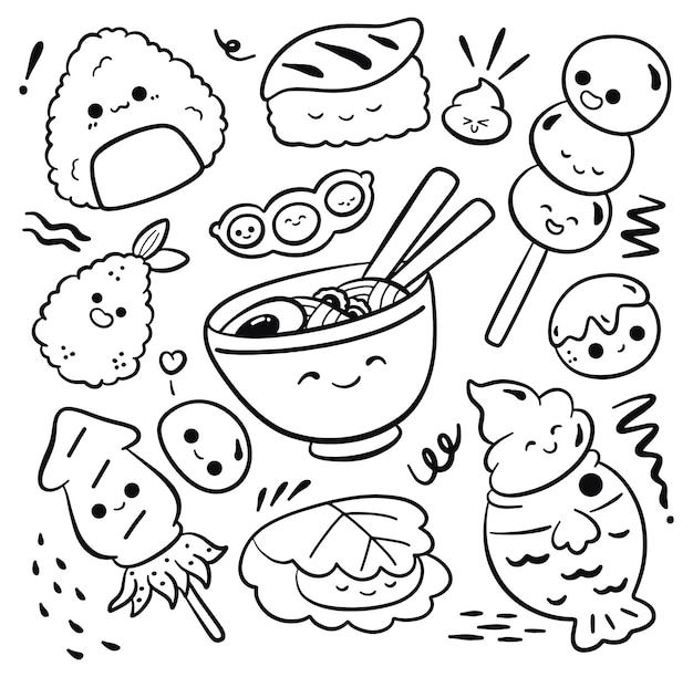 Set van kawaii japan food cartoon outline doodle.