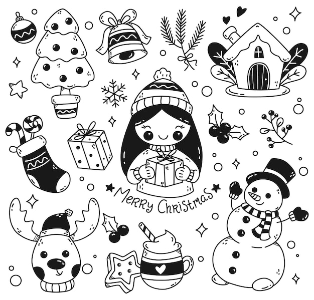 Set van Kawaii Kerst Doodles Vector