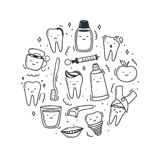 Set van kawaii tanden hand getekend in doodle stijl schattige lineaire eenvoudige illustraties