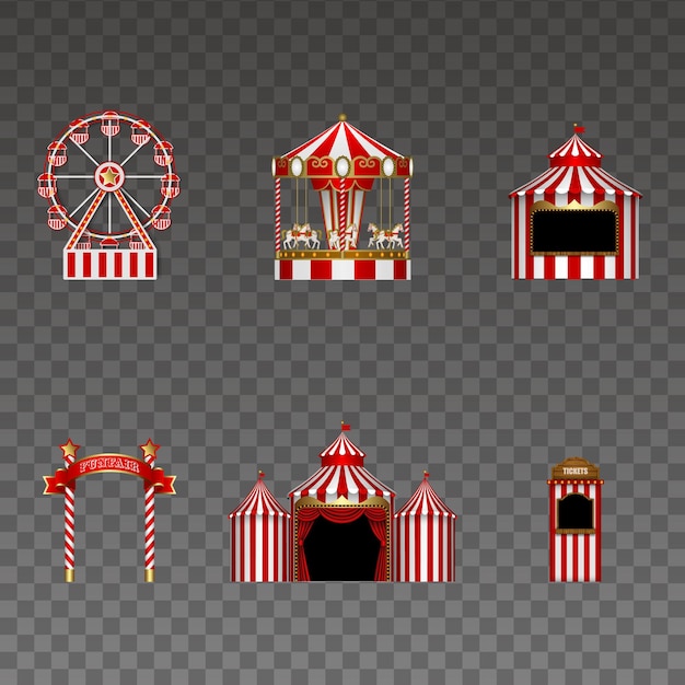 Set van kermis elementen geïsoleerd reuzenrad carrousel kraam uithangbord circus en stand