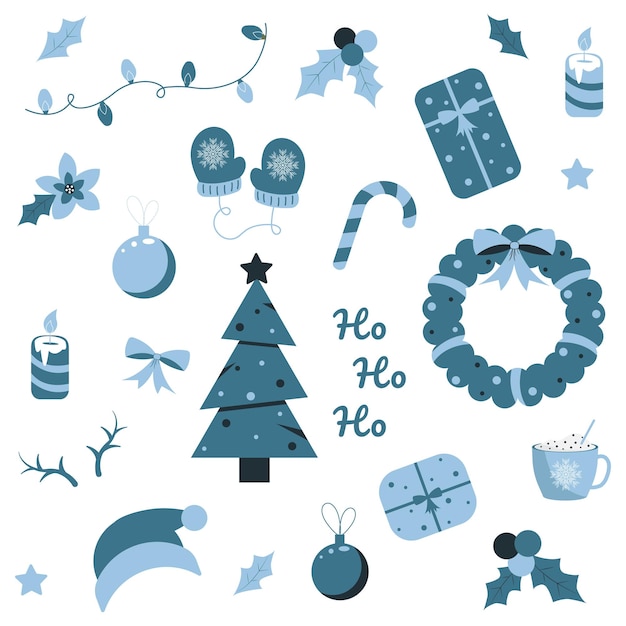 Set van kerst decoratieve iconen. Collectie van kerst elementen. Vectorillustratie.