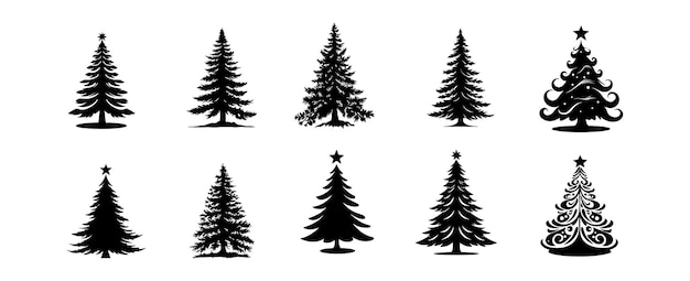 Set van kerst dennenboom silhouet geïsoleerd op witte achtergrond bos boom vector illustratie