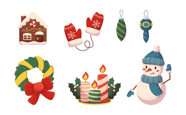 Set van kerst iconen en decor peperkoek huis kaarsen sneeuwpop en wanten met krans en kerstballen Xmas items