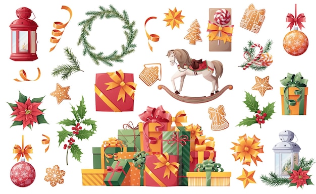 Vector set van kerstartikelen decoraties speelgoed op een geïsoleerde achtergrond veel geschenken kerstplanten sparren poinsettia holly nieuwjaars sticker set