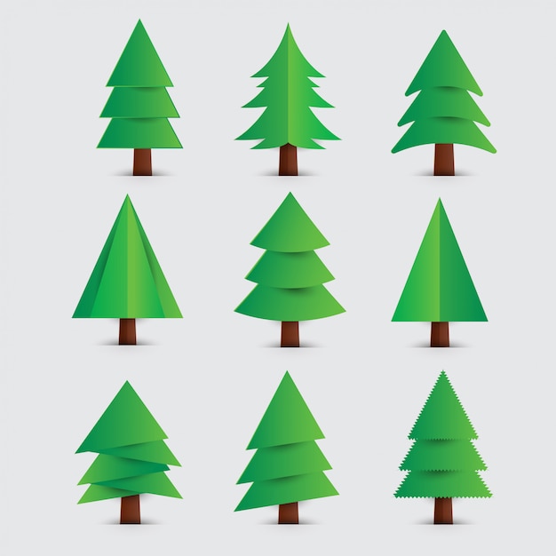 Set van kerstbomen met papier gesneden stijl