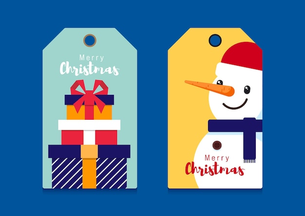 Set van kerstcadeau tag decoratief met stapel geschenkdoos en sneeuwpop platte ontwerpstijl, vectorillustratie