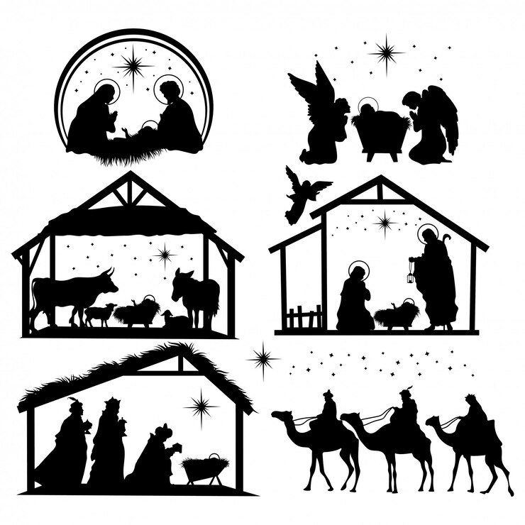 Vector set van kerststal silhouetten. collectie van traditionele christelijke figuren heilige nacht.