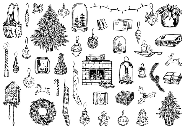 Set van kerstvakantie doodles Xmas decoraties bomen krans slingers kaarsen geschenken Hand getrokken vectorillustraties overzicht clip arts collectie geïsoleerd op wit