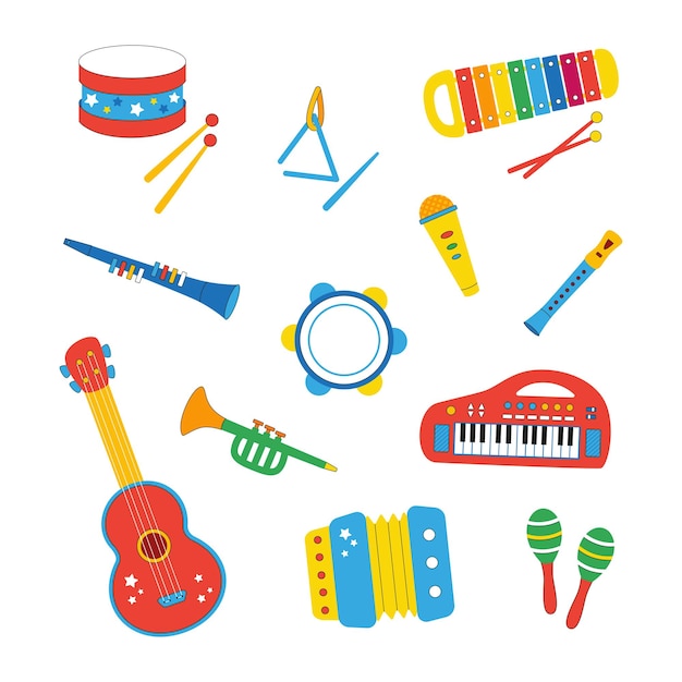 Vector set van kinderen muziekinstrumenten handgetekende in cartoon-stijl