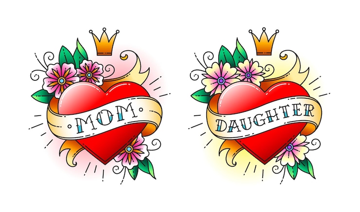 Vector set van klassieke tatoeages hart met bloemen en lint met de woorden moeder en dochter