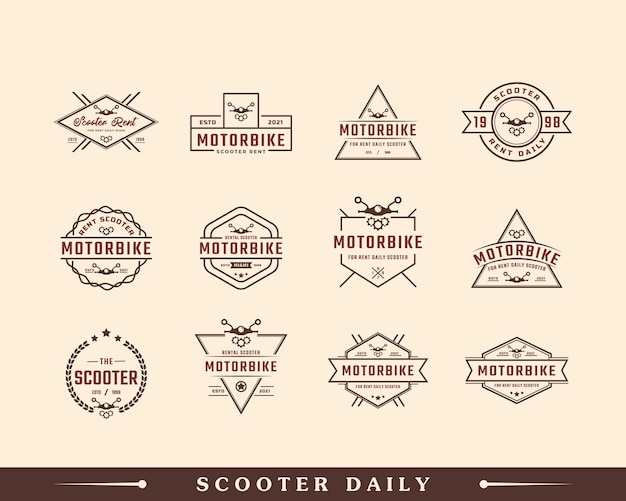 Set van klassieke vintage retro label badge embleem motor en scooter verhuur logo ontwerp inspiratie