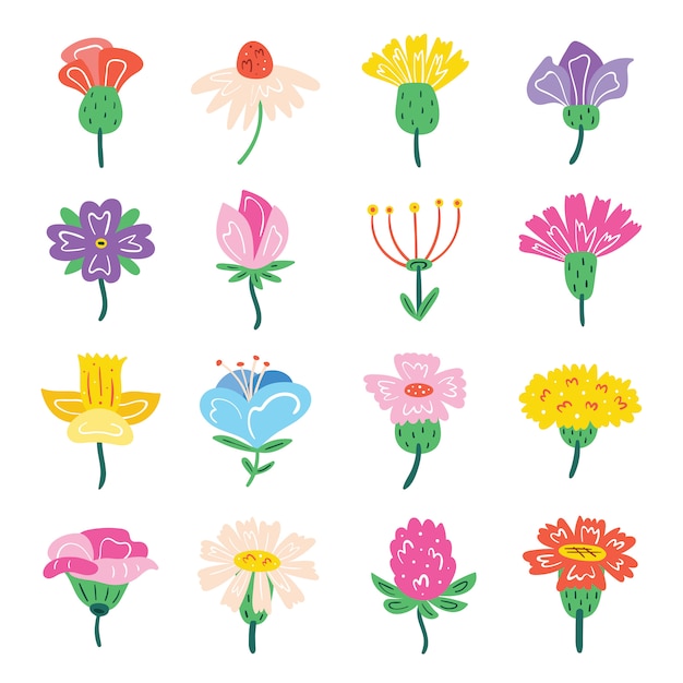 Set van kleine schattige wilde bloemen. flora designelementen. plat kleurrijke illustratie