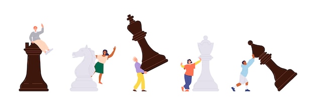 Set van kleine slimme mensenpersonages die schaak spelen en de volgende zet van schaakstuk naar schaakmat plannen