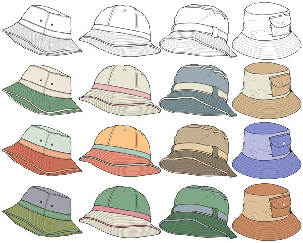 set van kleur volledige emmer hoed tekening vector kleur volledige emmer hoed in een schets stijlsjabloon kleur vol voor opleiding vector illustratie
