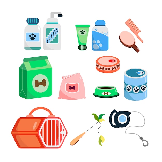 Set van kleurrijke accessoires voor huisdieren in cartoon-stijl Vector illustratie van gereedschap voedsel speelgoed en benodigdheden voor katten en honden goederen voor dierenwinkel op witte achtergrond