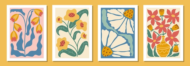 Set van kleurrijke bloemenplakkaten geïnspireerd door de kunst van Matisse met abstracte bladeren en bloemen