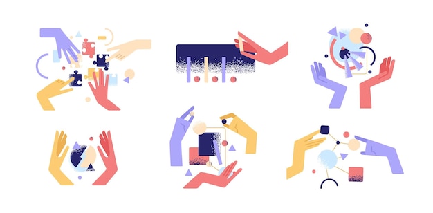 Set van kleurrijke cartoon menselijke handen gebruiken verschillende abstracte dingen platte vectorillustratie. Armen houden figuur vast tijdens teamwerk, onderzoek, montage en analyse geïsoleerd. Concept van handmatige activiteit.