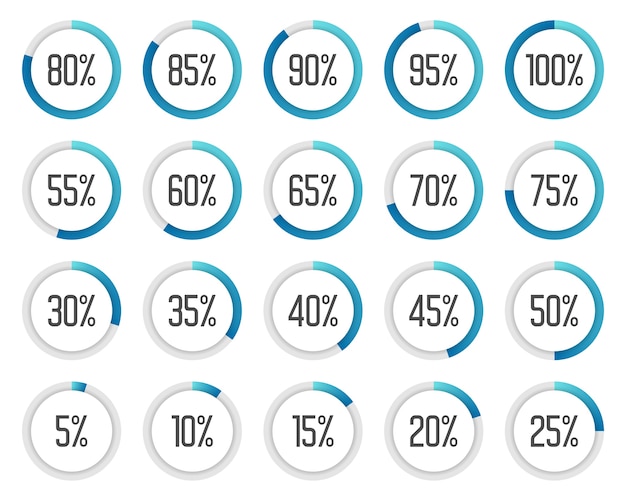 Set van kleurrijke cirkeldiagrammen. Verzameling van blauwe percentagediagrammen