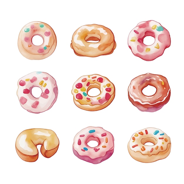 Set van kleurrijke donuts geïsoleerd op een witte achtergrond Aquarel illustratie