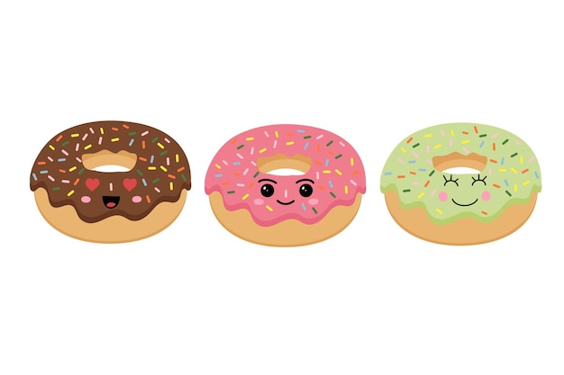 Set van kleurrijke donuts in kawaii-stijl vectorillustratie van desserts verzameling van zoete gebakjes