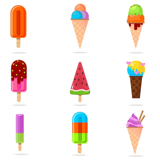 Set van kleurrijke en smakelijke icecream van verschillende vruchten