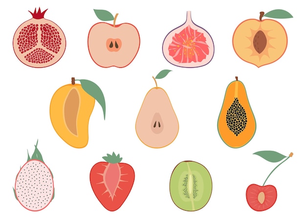 Vector set van kleurrijke fruit helften platte design iconen collectie aardbei papaya dragon fruit mango