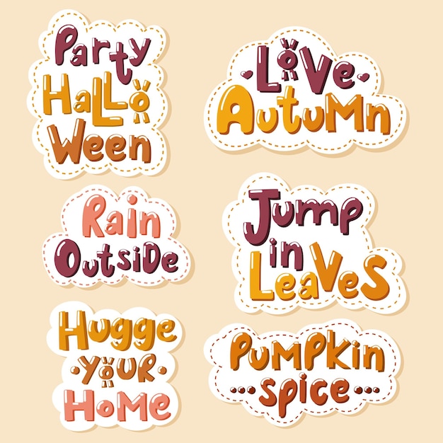 Set van kleurrijke handgetekende belettering stickers over de herfst. Hou van de herfst, feest Halloween.