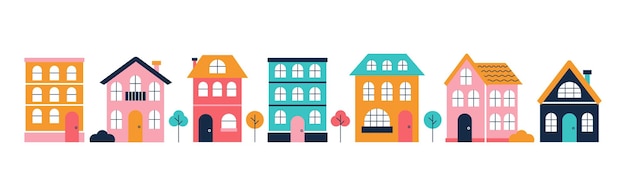 Vector set van kleurrijke huizen kleine stad buitengevel van kleine stad platte vectorillustratie