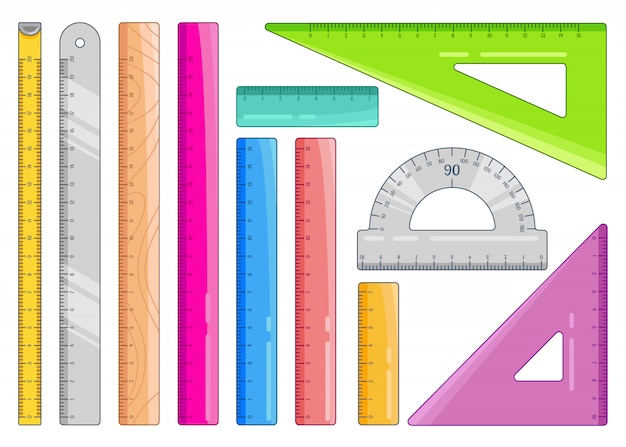 Set van kleurrijke linialen. Kunstmeting kantoorbenodigdheden en schoolspullen. illustratie op wit.