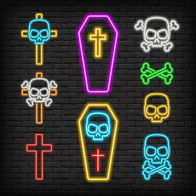 set van kleurrijke neon halloween-pictogrammen