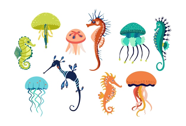Vector set van kleurrijke pictogrammen van kwallen en zeepaardjes vrij ander silhouet van zeedieren