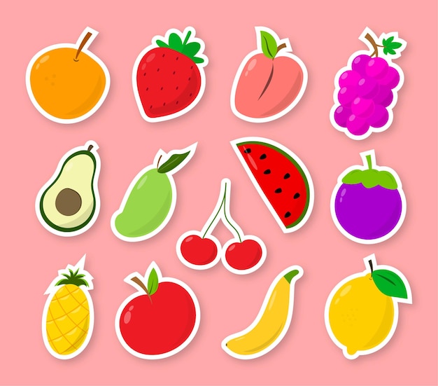 Set van kleurrijke schattige illustraties Fruit Sticker Collection Vector Design