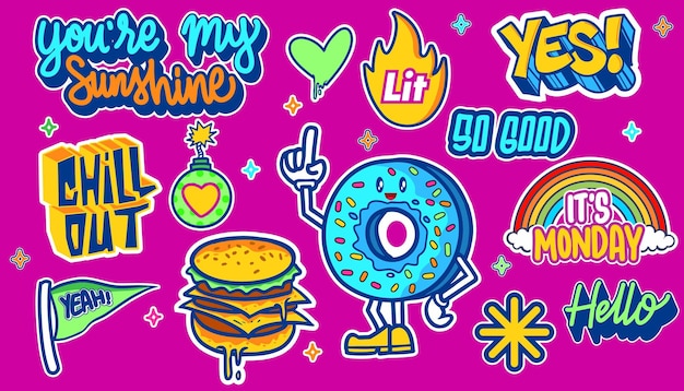Set van kleurrijke stickers van graffitiillustratie
