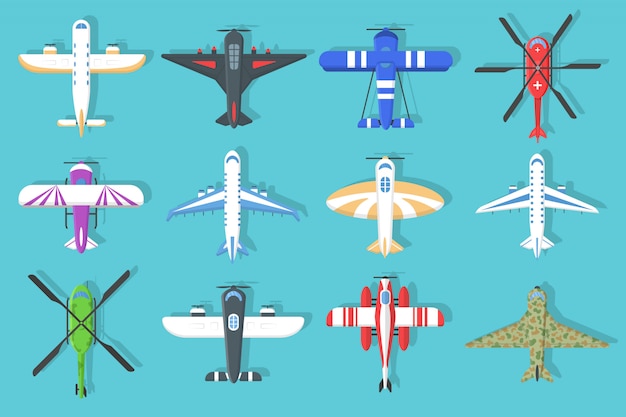 Vector set van kleurrijke vliegtuigen en helikopters iconen. vliegend vliegtuig in de lucht in een vlakke stijl, bovenaanzicht. vliegtuigen en militair vliegtuig, helikopters collectie. vliegreizen.