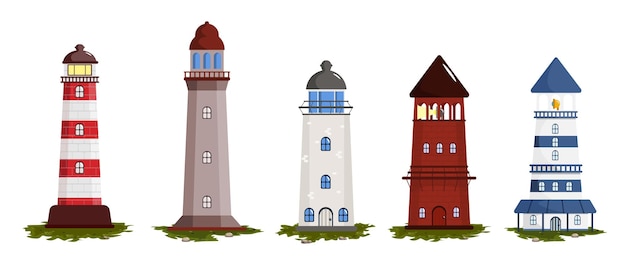 Set van kleurrijke vuurtorens in cartoon-stijl. Vectorillustratie van zoeklichttorens met zoeklichtstraal voor maritieme navigatie van schepen aan de kustlijn op witte achtergrond