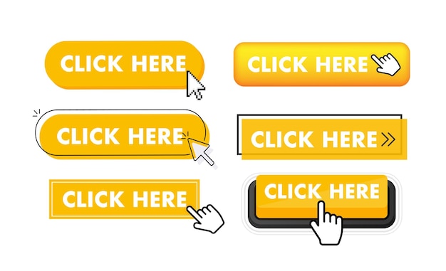 Set van klik hier knop Handaanwijzer klikken Klik hier webknoppen